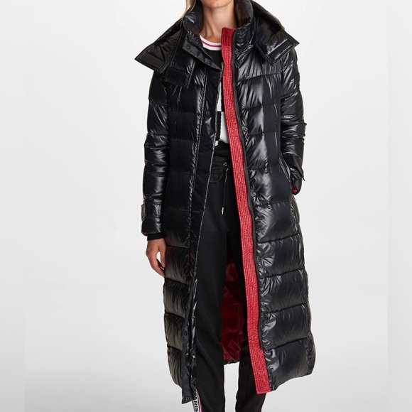 Karl Lagerfeld Black Long Puffer Coat with Red Accents - Picture 1 of 6